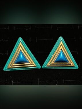 Vintage Triangular Teal & Blue Enamel Earrings with Gold Accents